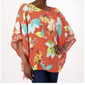 Quacker Factory Poncho Blouse Orange Tropical Flowers Cover Up Women's 4X